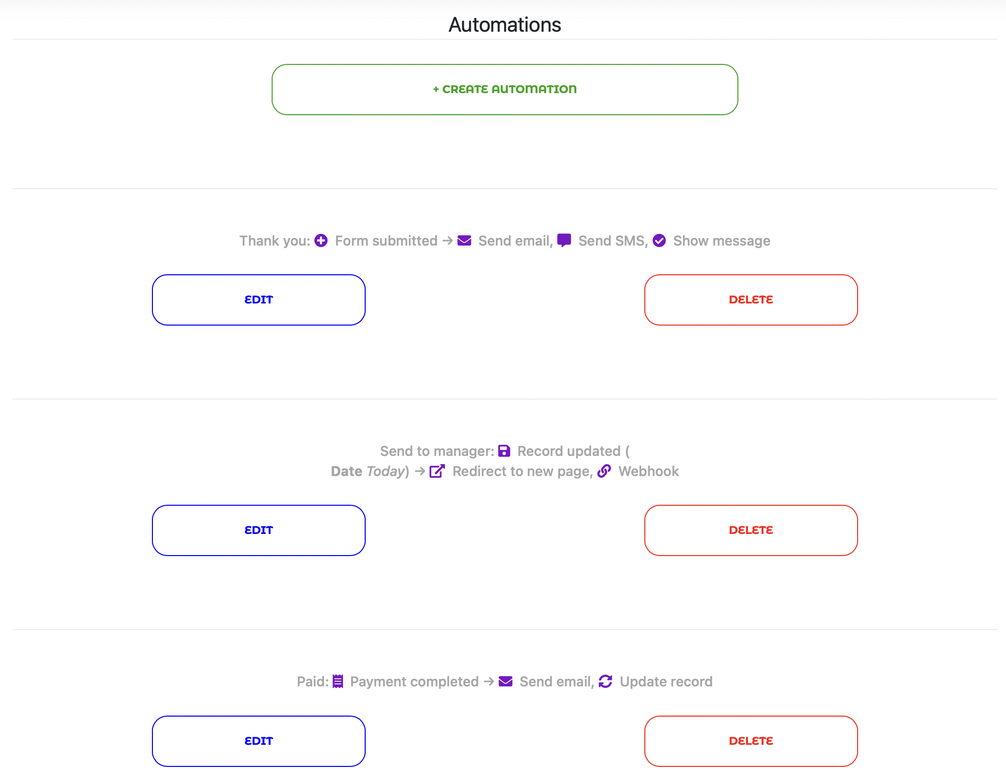 Screenshot of QuintaDB automations