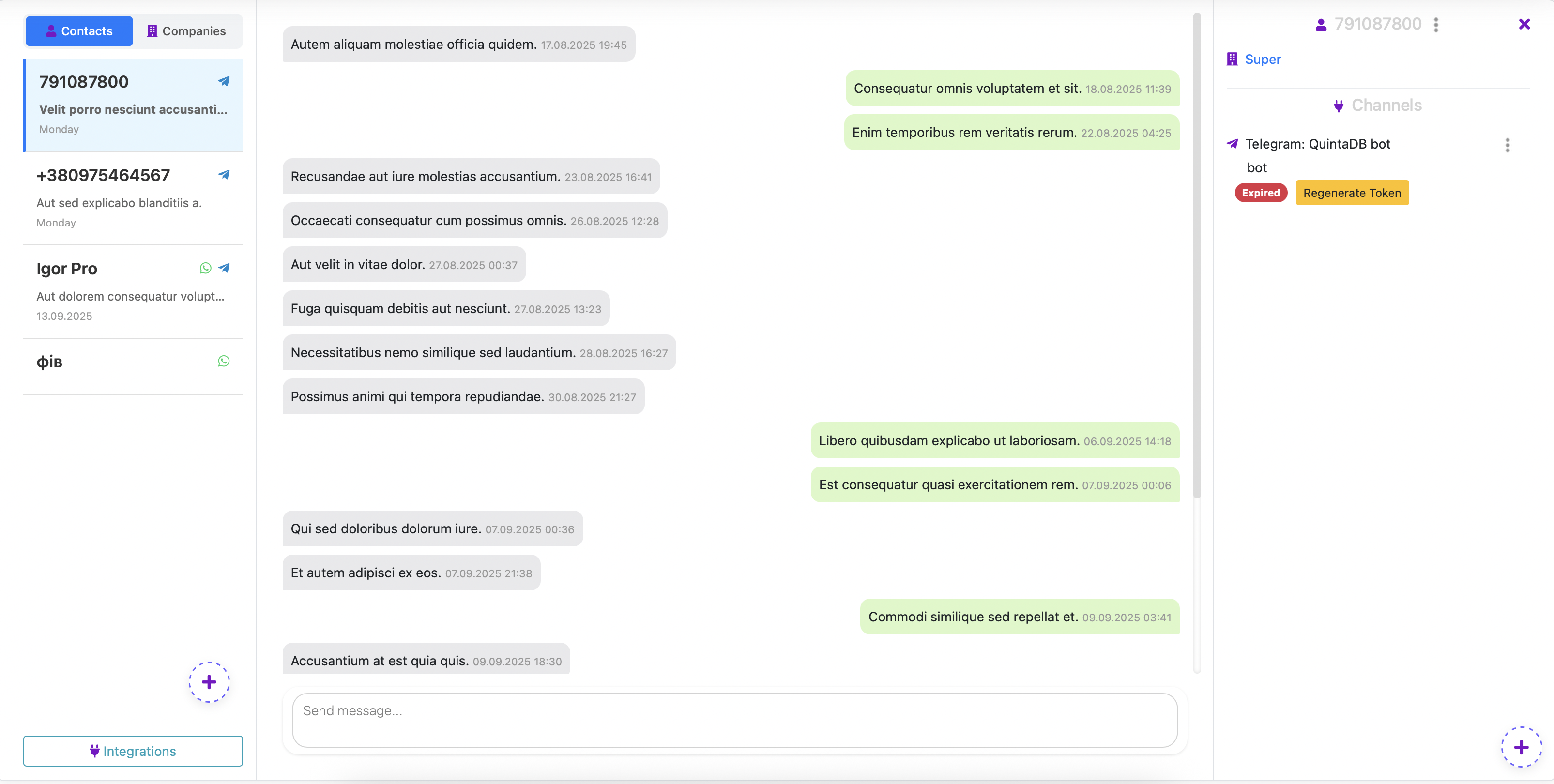 Capture d'écran du chat multicanal QuintaDB combinant WhatsApp et Telegram