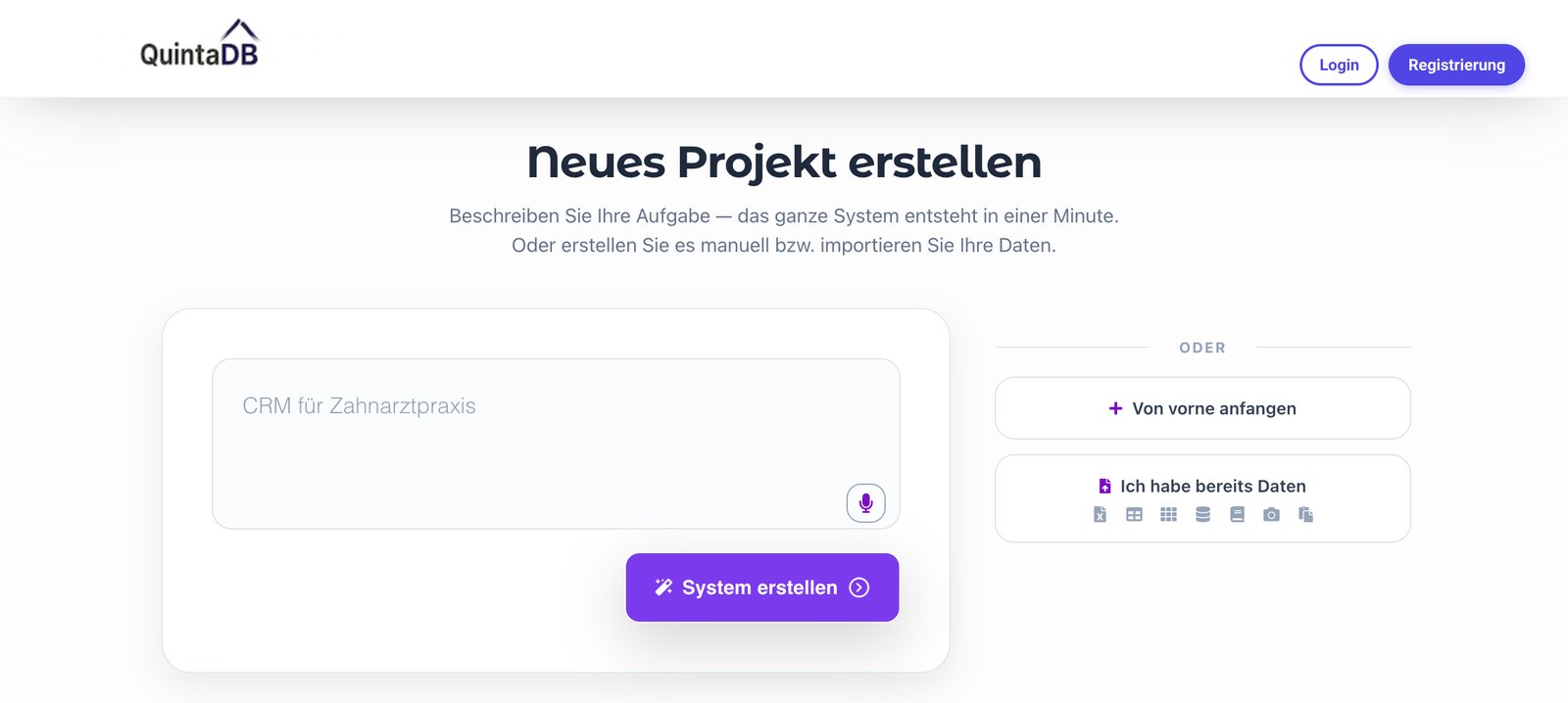 Projekt erstellen in QuintaDB: Option »Ich habe bereits Daten« mit unterstützten Importformaten