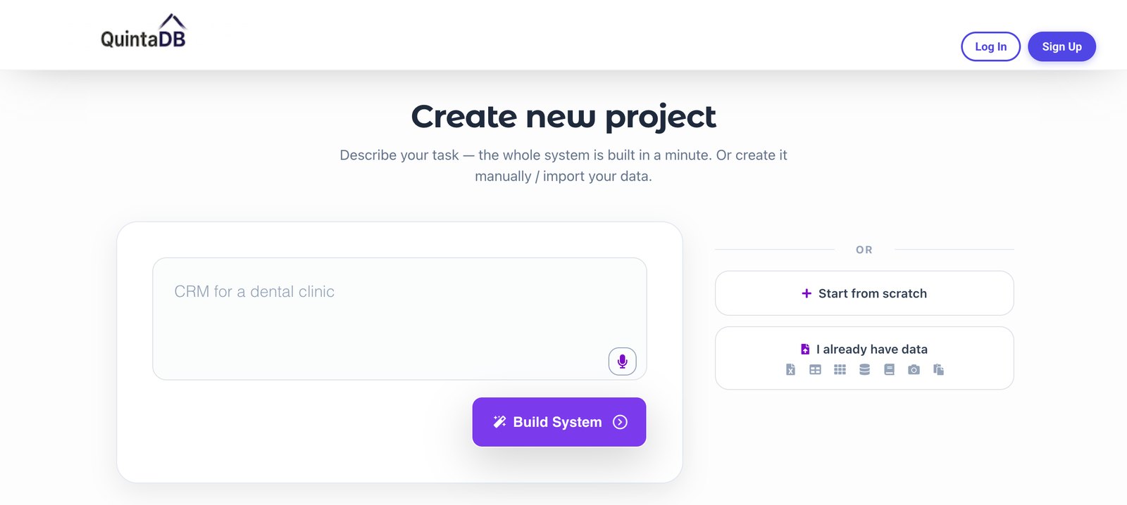 Creating a project in QuintaDB: 'I already have data' option displaying supported import formats