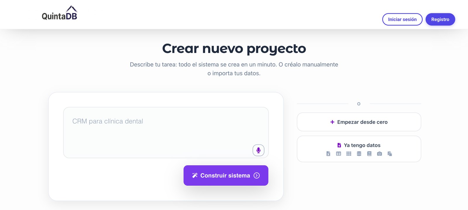 Creación de proyecto en QuintaDB: botón «Ya tengo datos» con los formatos de importación admitidos