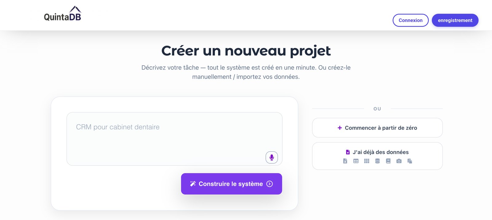 Création de projet dans QuintaDB : option « J'ai déjà des données » avec la liste des formats d'import pris en charge