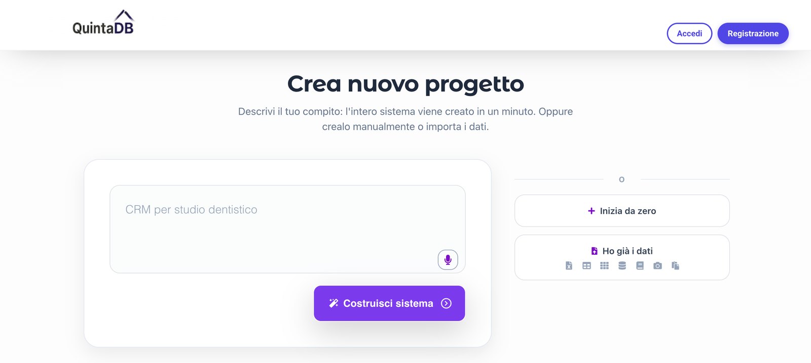 Creazione progetto in QuintaDB: opzione Ho già dei dati con l'elenco dei formati supportati