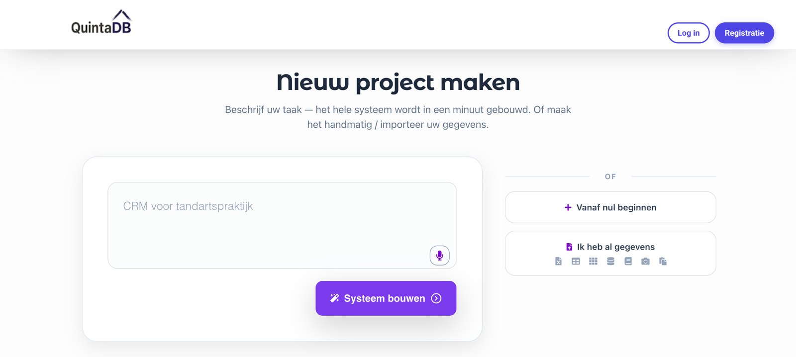 Project aanmaken in QuintaDB: de knop 'Ik heb al gegevens' met een overzicht van importformaten