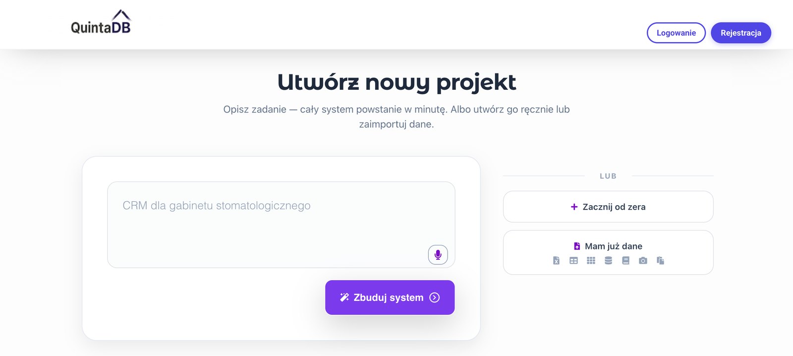 Tworzenie projektu w QuintaDB: przycisk „Mam już dane” z listą formatów importu