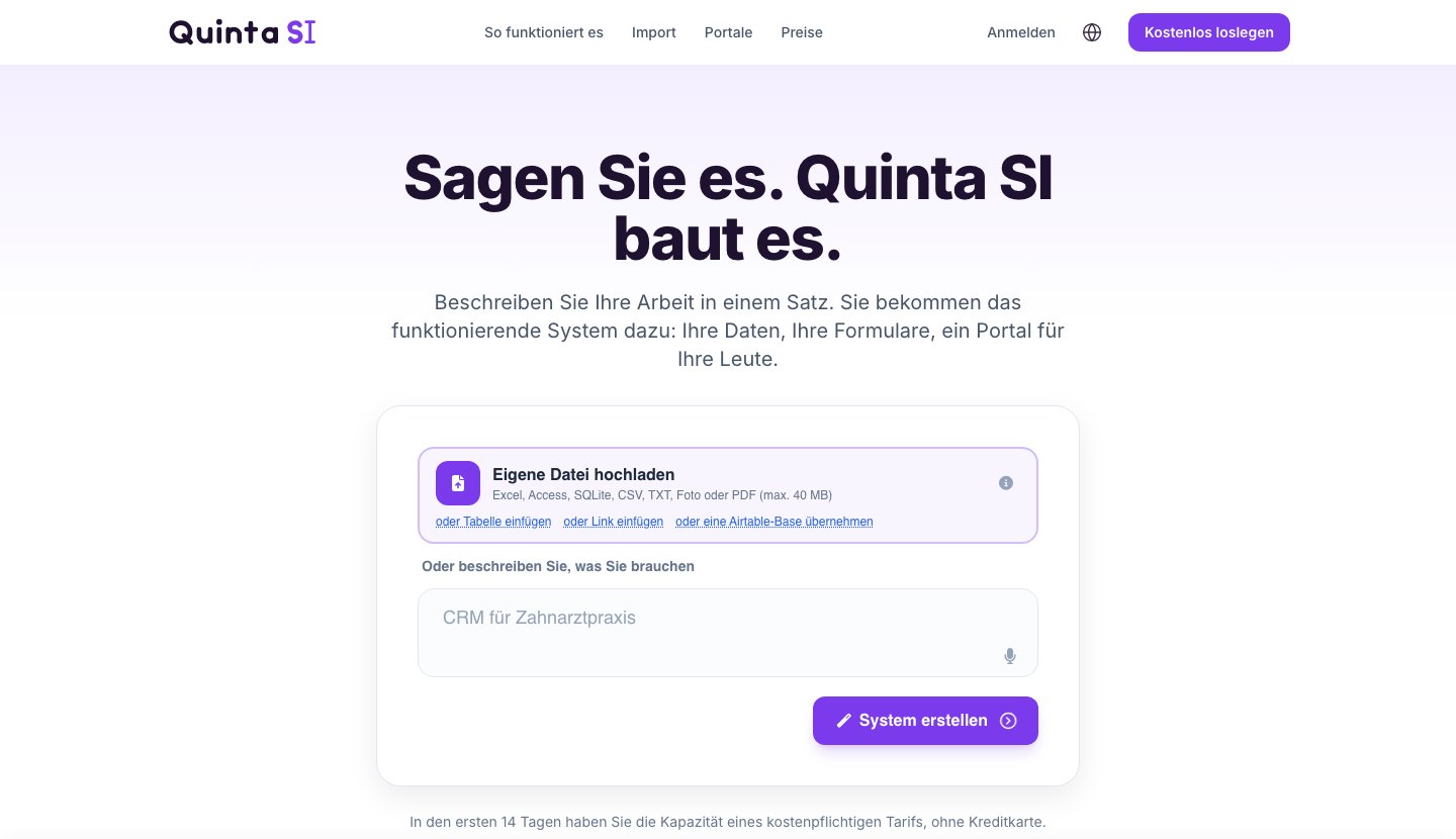 Die Startseite von quinta.si: ein Feld für Ihre Datei und ein Feld, in dem Sie beschreiben, was Sie brauchen