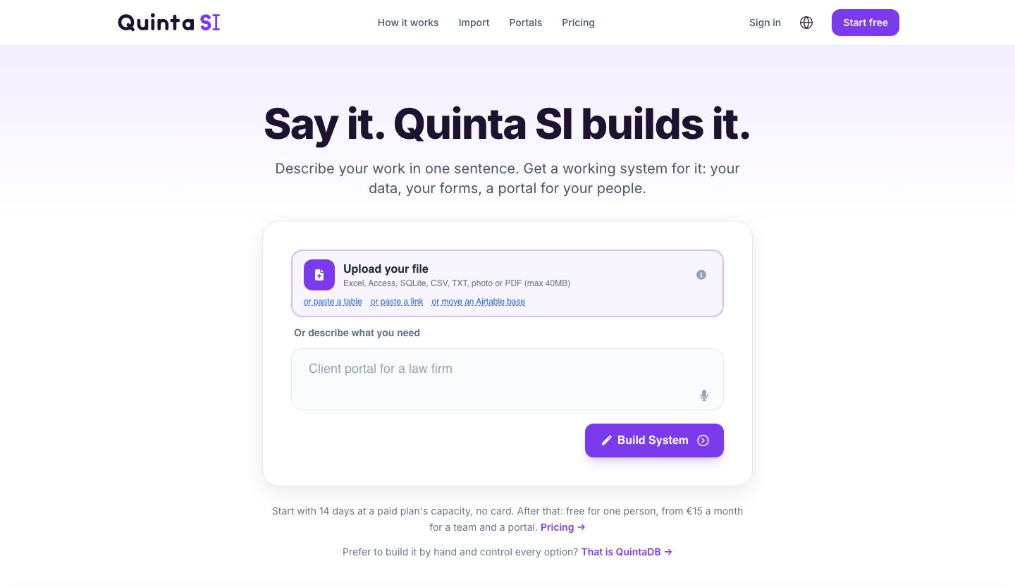 The home page of quinta.si: a box for your file and a field to describe what you need