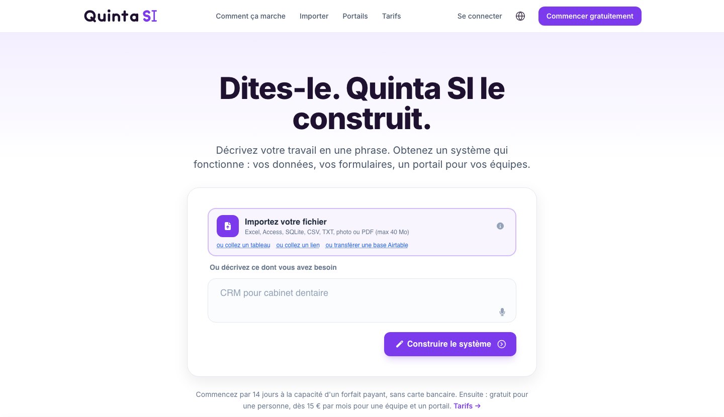 La page d'accueil de quinta.si : une zone pour votre fichier et un champ pour décrire ce qu'il vous faut