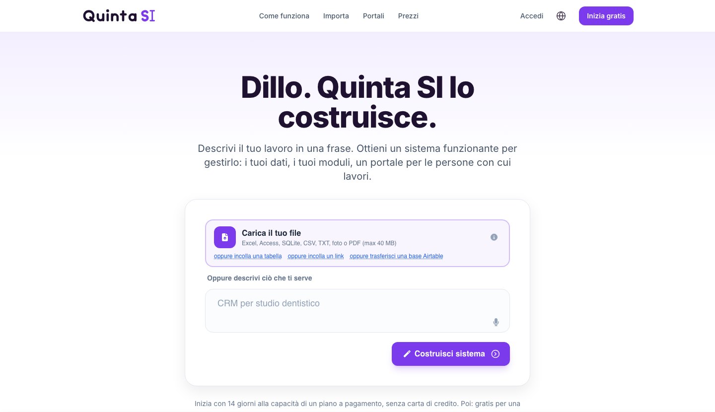 La home page di quinta.si: un riquadro per il tuo file e un campo per descrivere che cosa ti serve