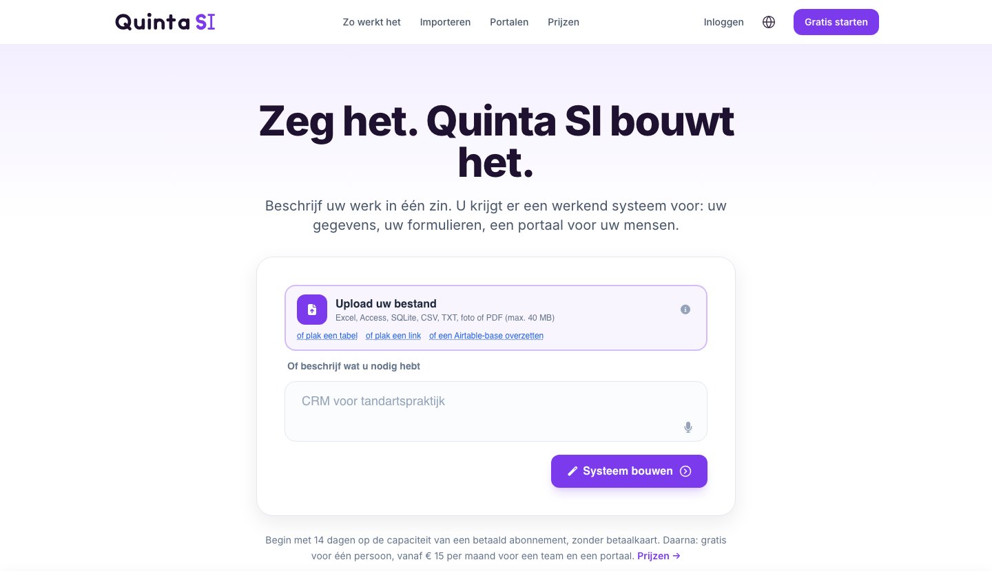 De startpagina van quinta.si: een vak voor uw bestand en een veld om te beschrijven wat u nodig heeft