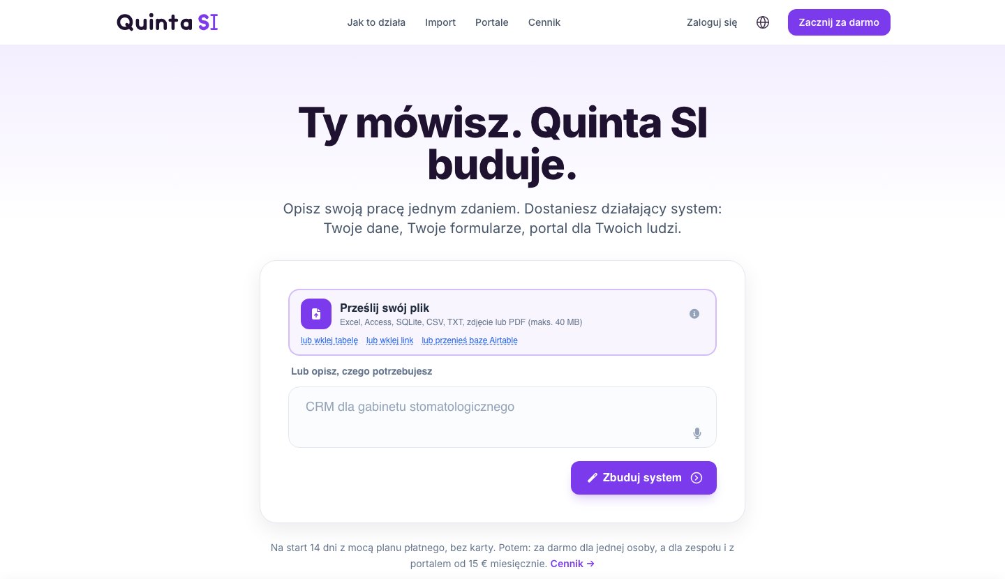 Strona główna quinta.si: pole na Twój plik i pole, w którym opisujesz, czego potrzebujesz