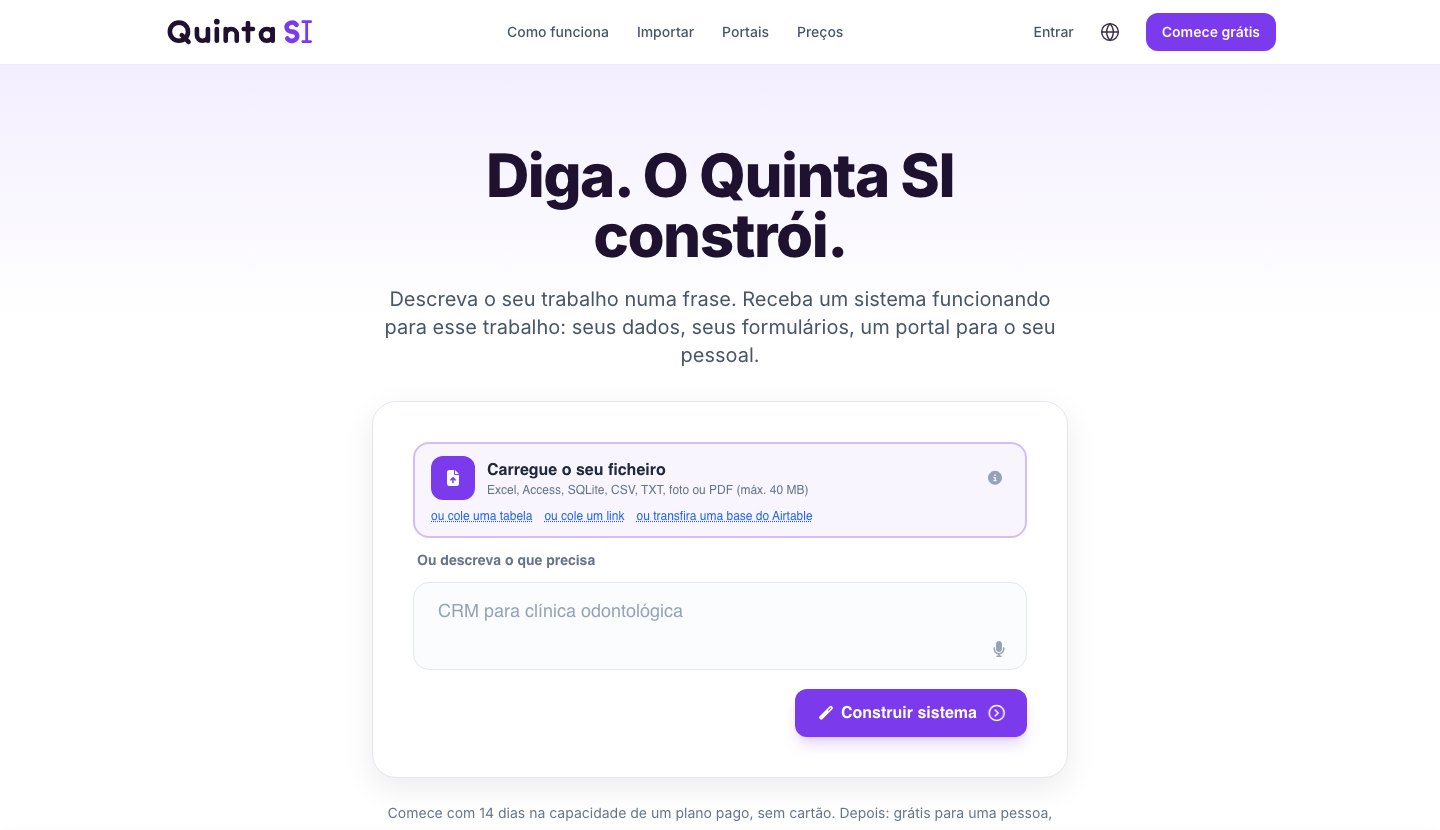 A página inicial do quinta.si: uma área para o seu arquivo e um campo para descrever do que você precisa