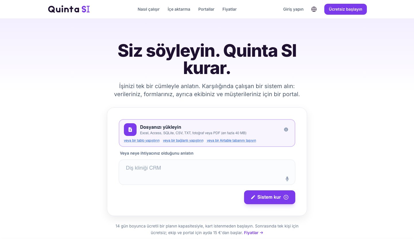 quinta.si ana sayfası: dosyanız için bir alan ve neye ihtiyacınız olduğunu anlatacağınız bir kutu