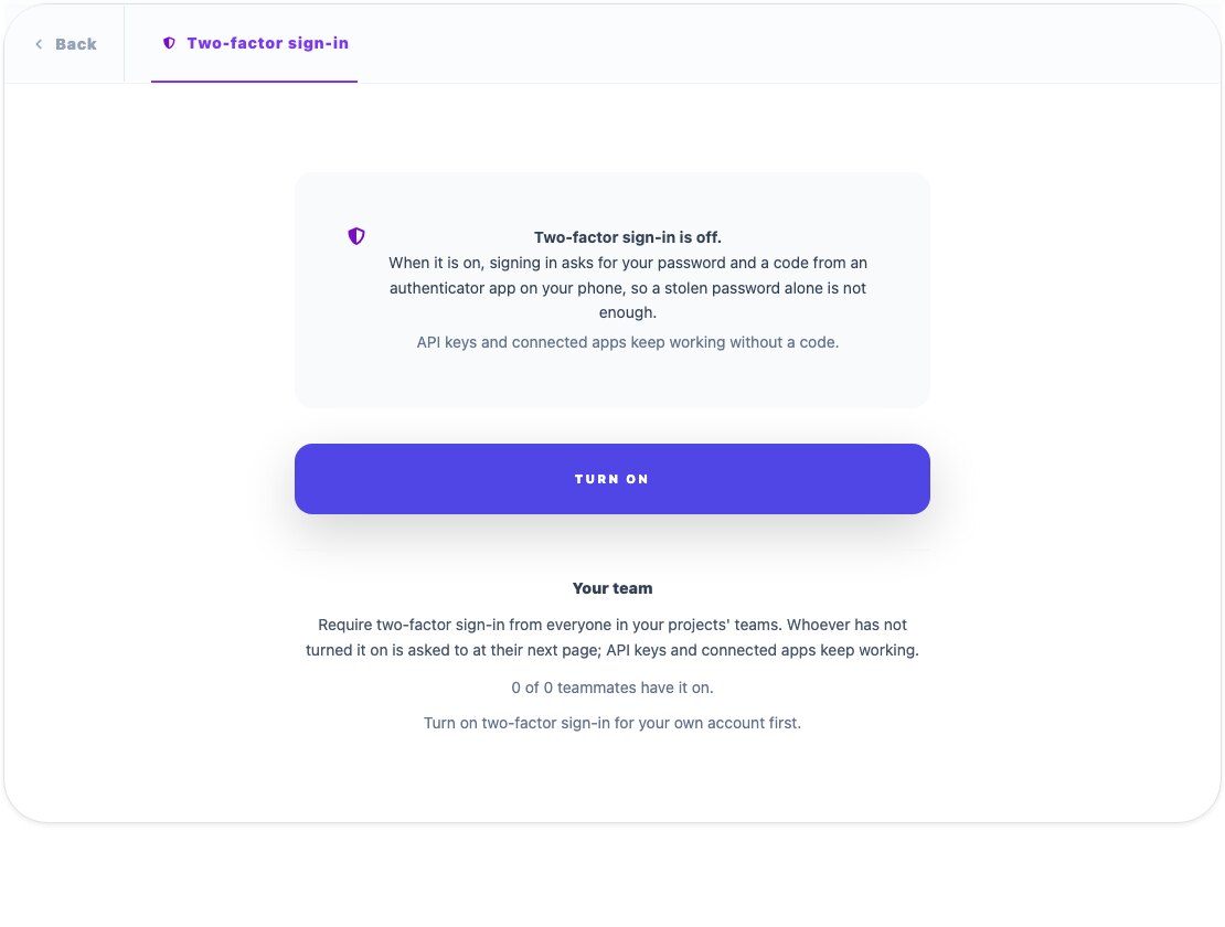 The «Two-factor sign-in» page of a QuintaDB account, with the «Turn on» button and the «Your team» section