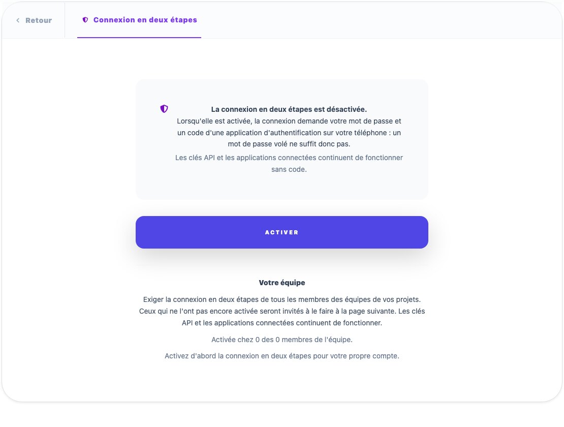 La page « Connexion en deux étapes » d'un compte QuintaDB, avec le bouton « Activer » et la section « Votre équipe »
