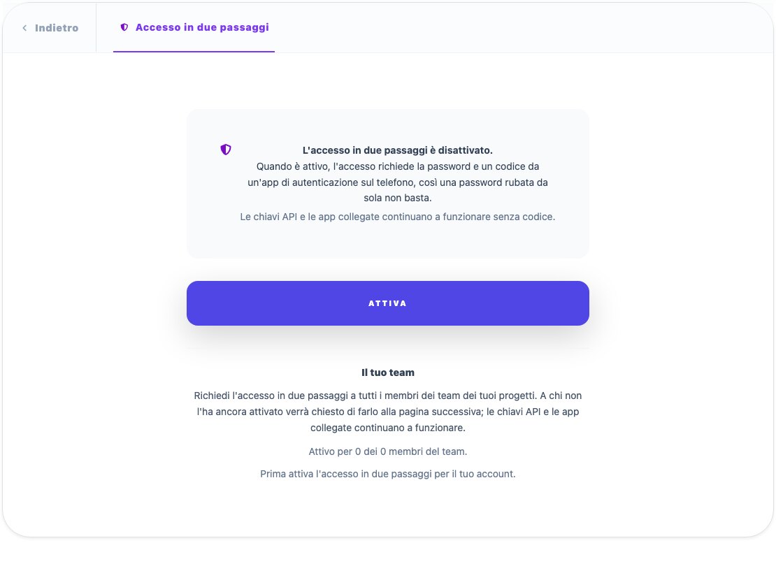 La pagina «Accesso in due passaggi» di un account QuintaDB, con il pulsante «Attiva» e la sezione «Il tuo team»