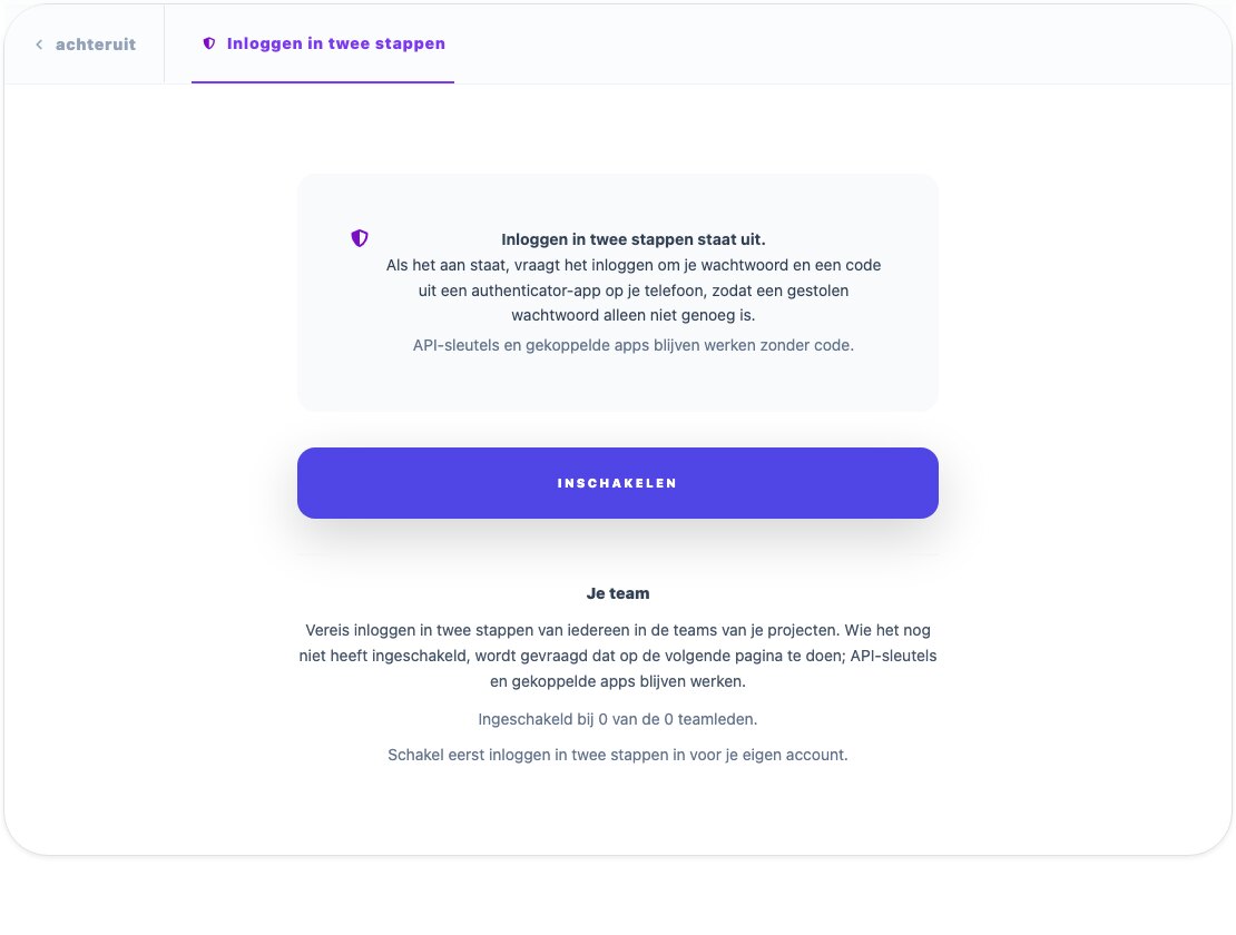 De pagina ‘Inloggen in twee stappen’ van een QuintaDB-account, met de knop ‘Inschakelen’ en het onderdeel ‘Je team’