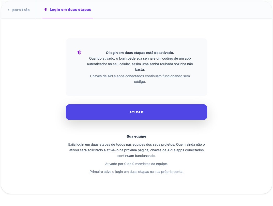 A página “Login em duas etapas” de uma conta no QuintaDB, com o botão “Ativar” e a seção “Sua equipe”