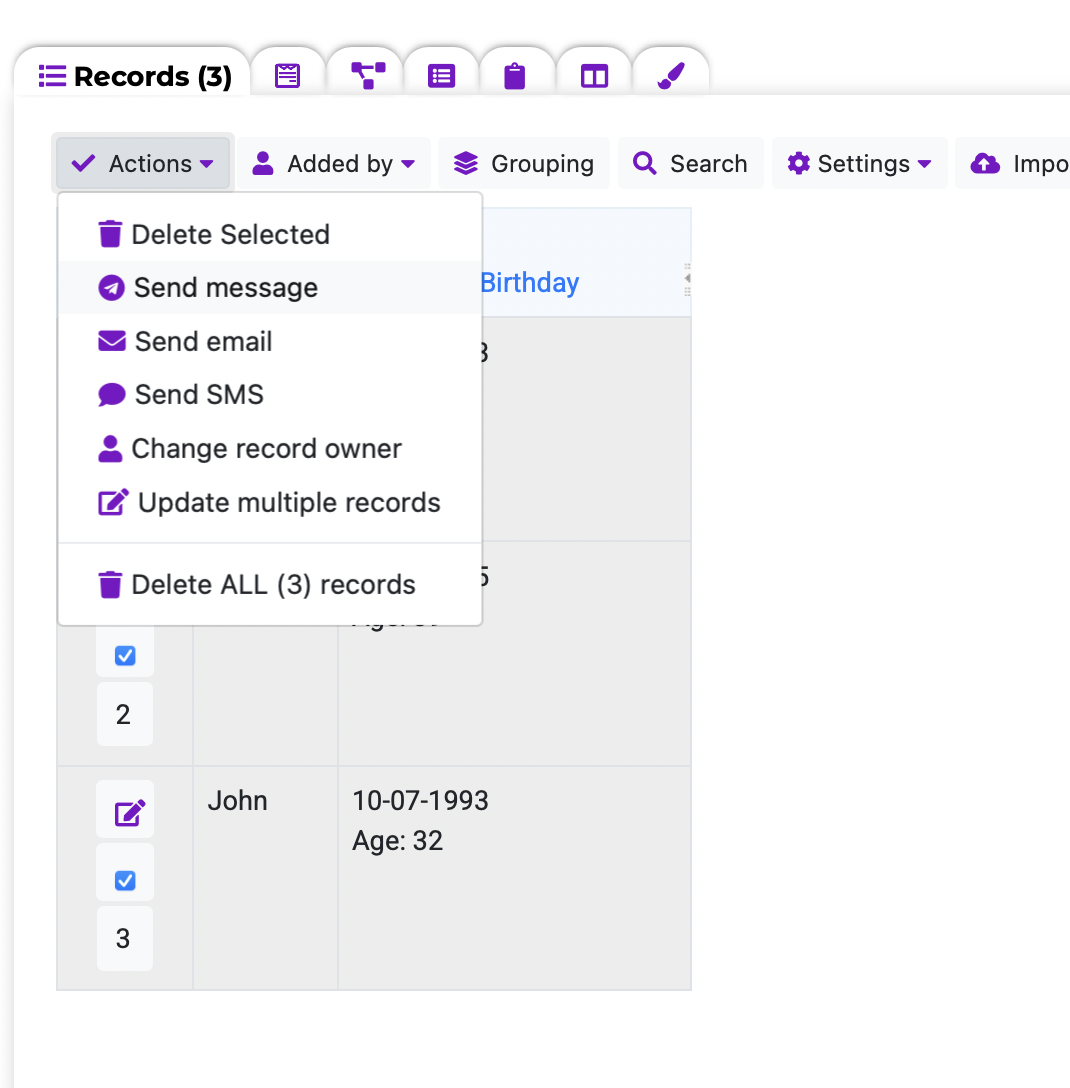 Send message from the Data page