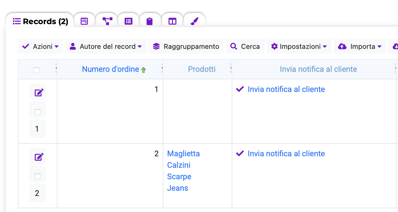 Tabella con un link per l'invio di una notifica Telegram