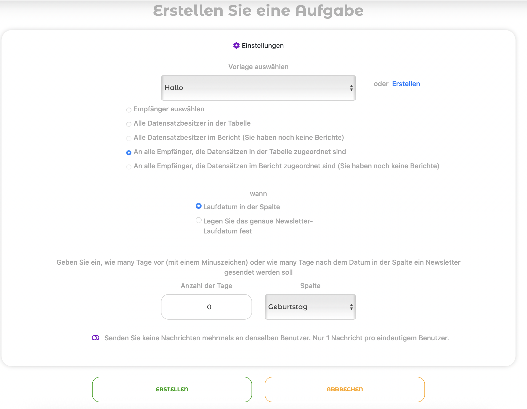 Erstellen einer Automatisierungsaufgabe für eine Telegram-Sendung