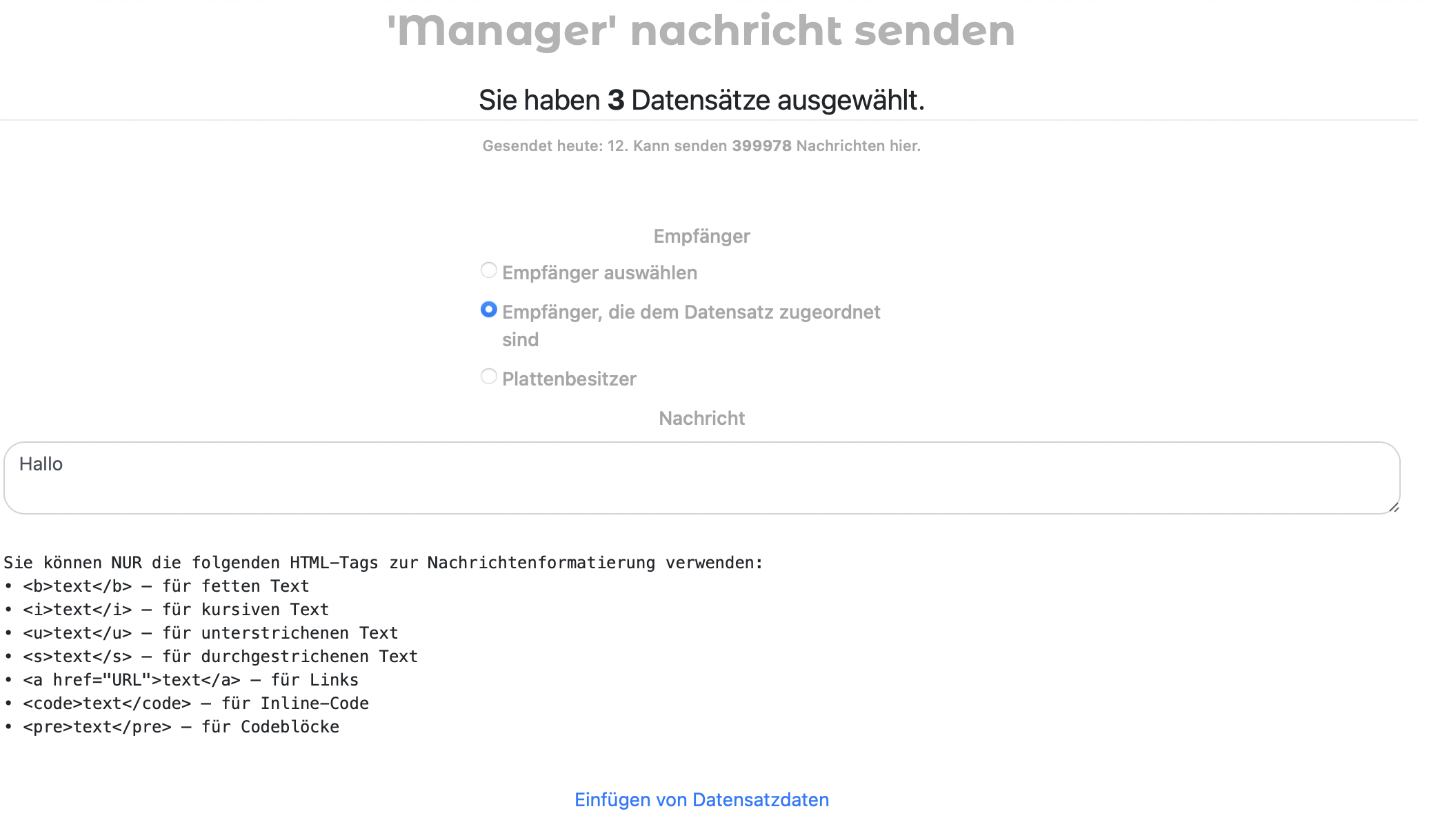 Senden, Empfänger auswählen und eine Nachricht eingeben