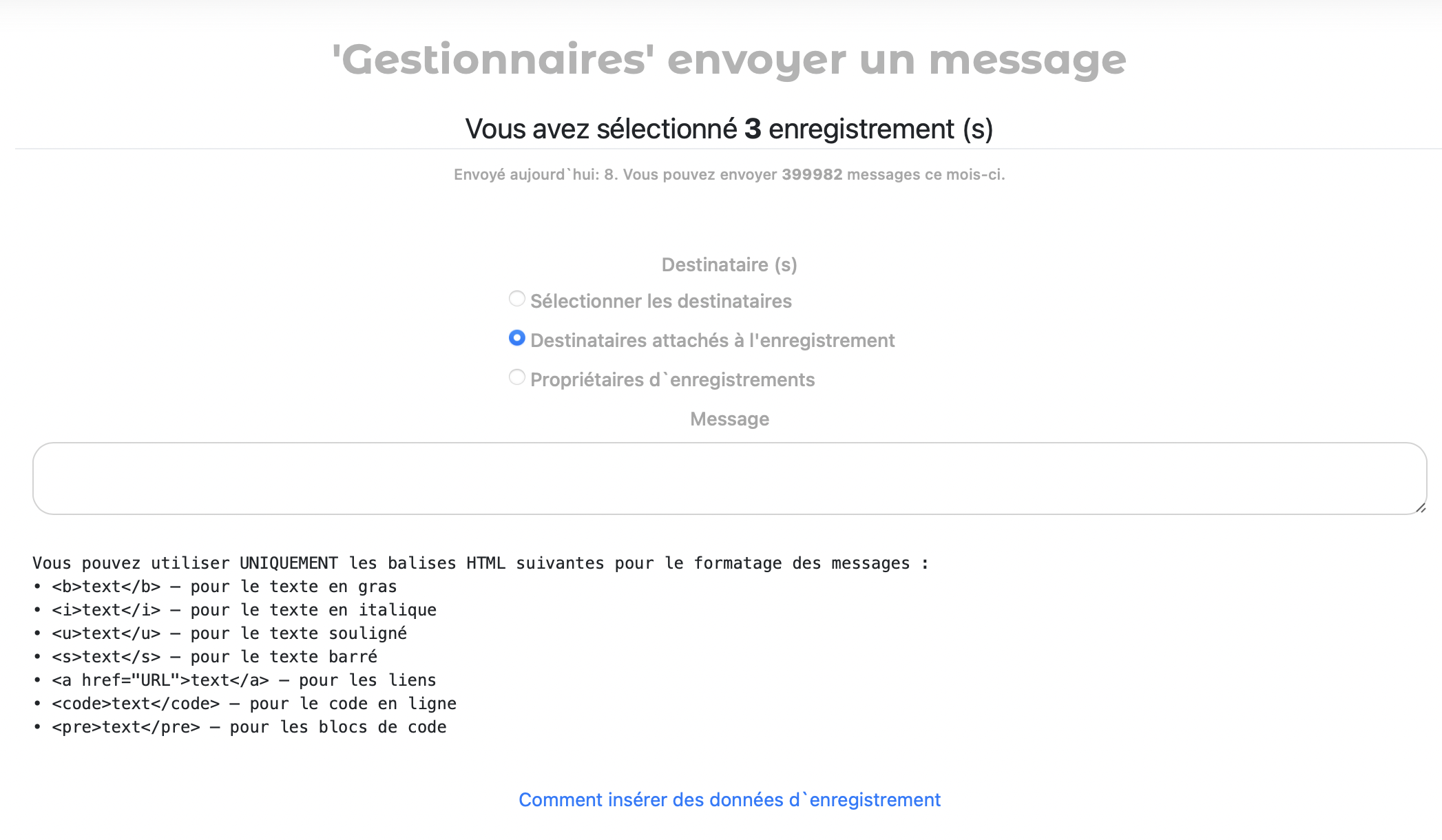 Envoi, sélection d'un destinataire et saisie d'un message