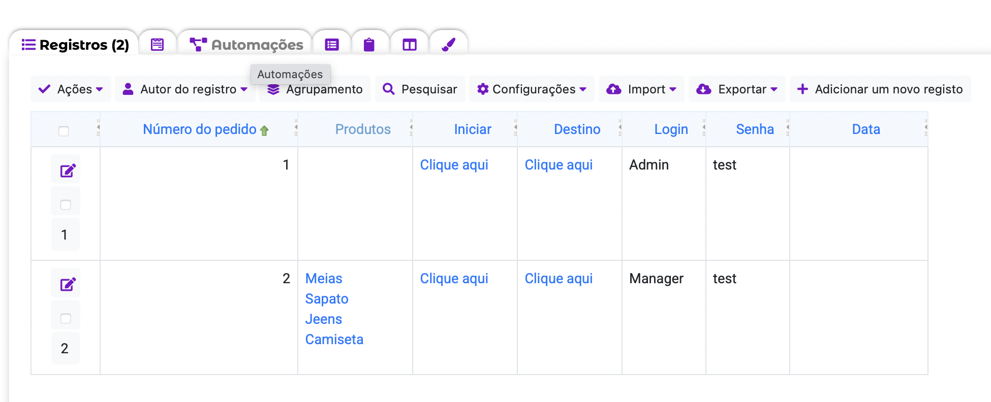 A aba Automações no menu Dados