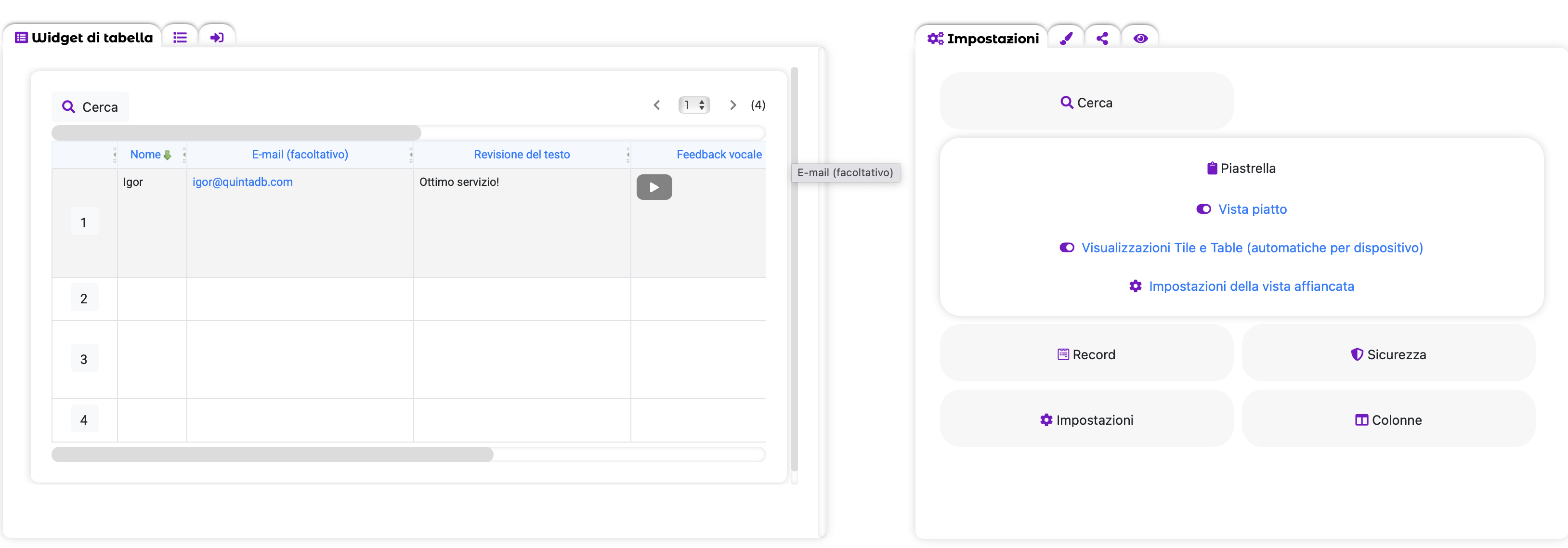 Opzione Visualizzazioni Tile e Tabella (automatiche per dispositivo) nel widget Tabella