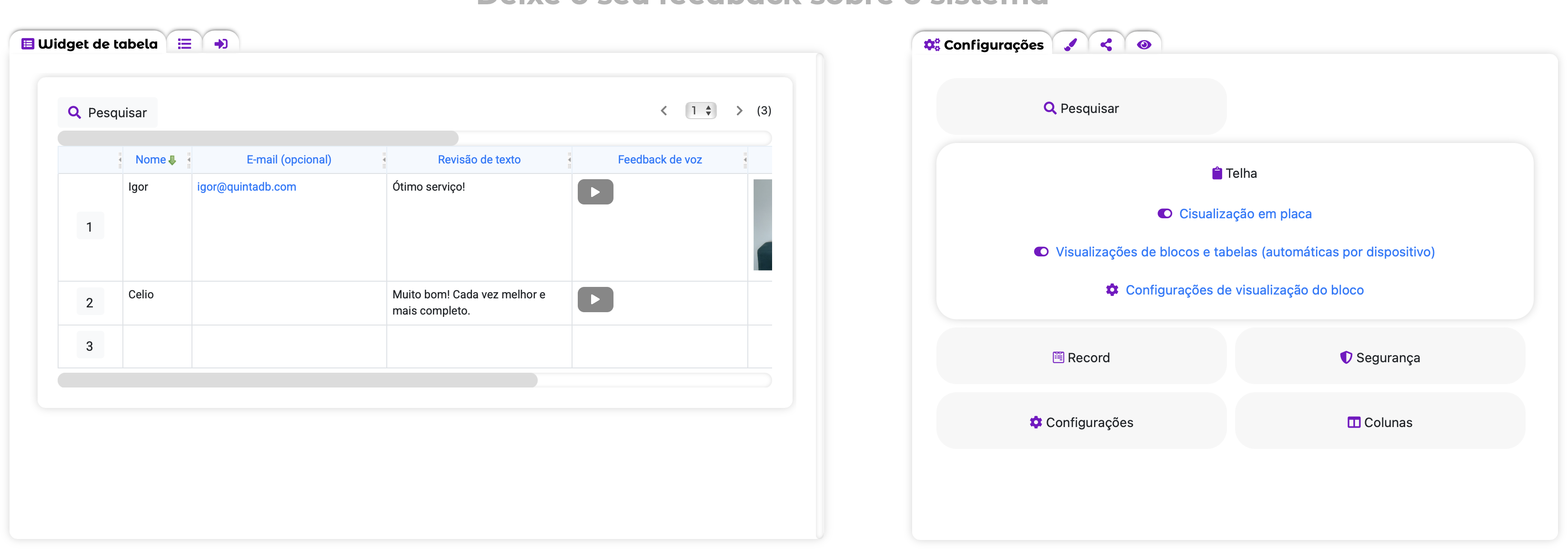 Opção de visualização de blocos e tabelas (automática por dispositivo) no widget de tabelas