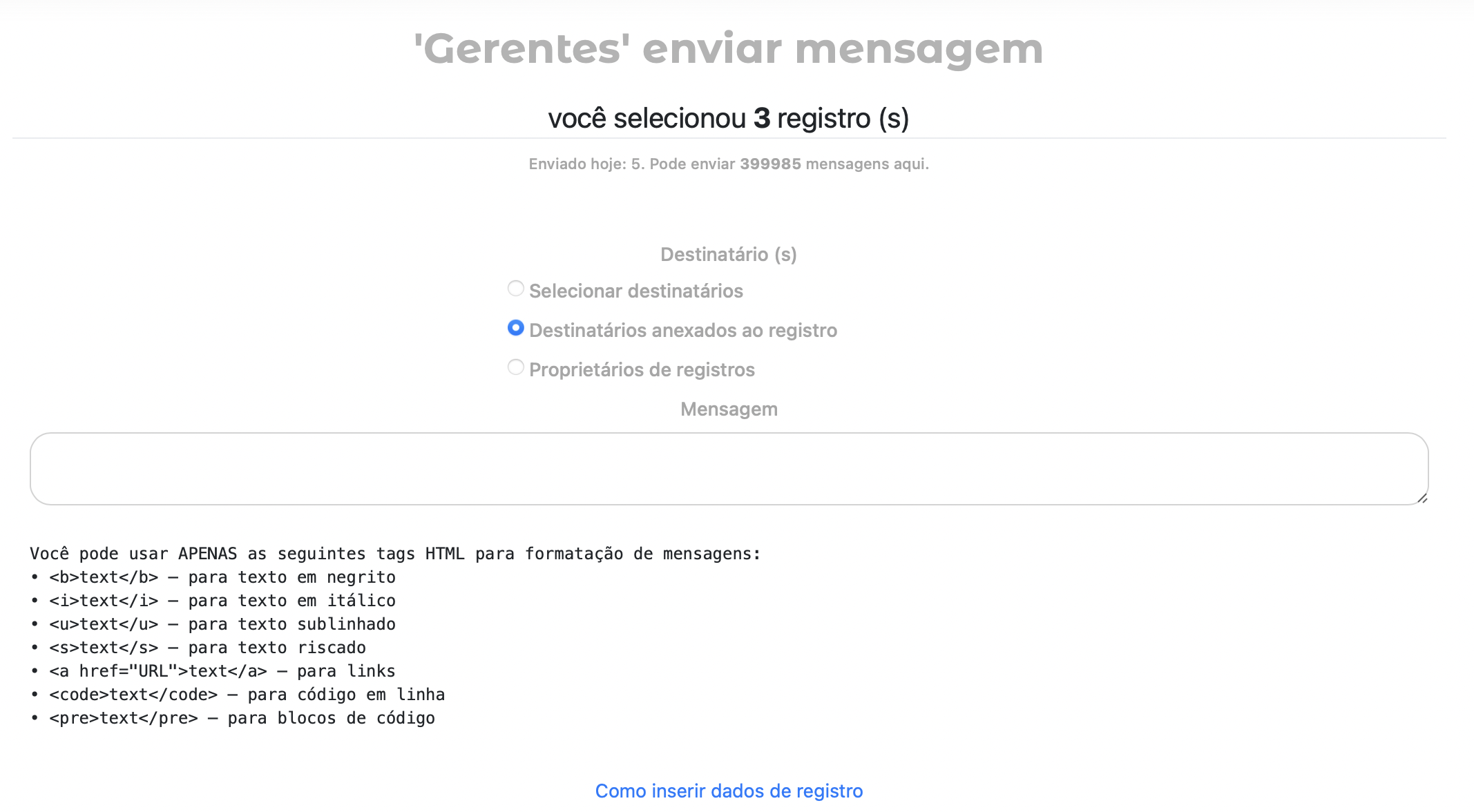 Envio, selecionando um destinatário e inserindo uma mensagem