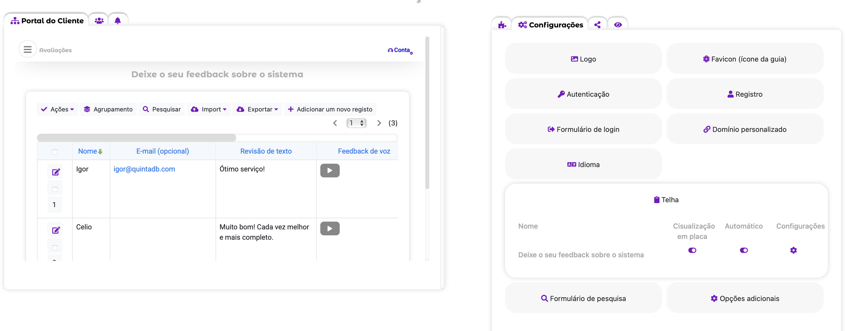 Opção de visualização de blocos e tabelas (automática por dispositivo) no Portal