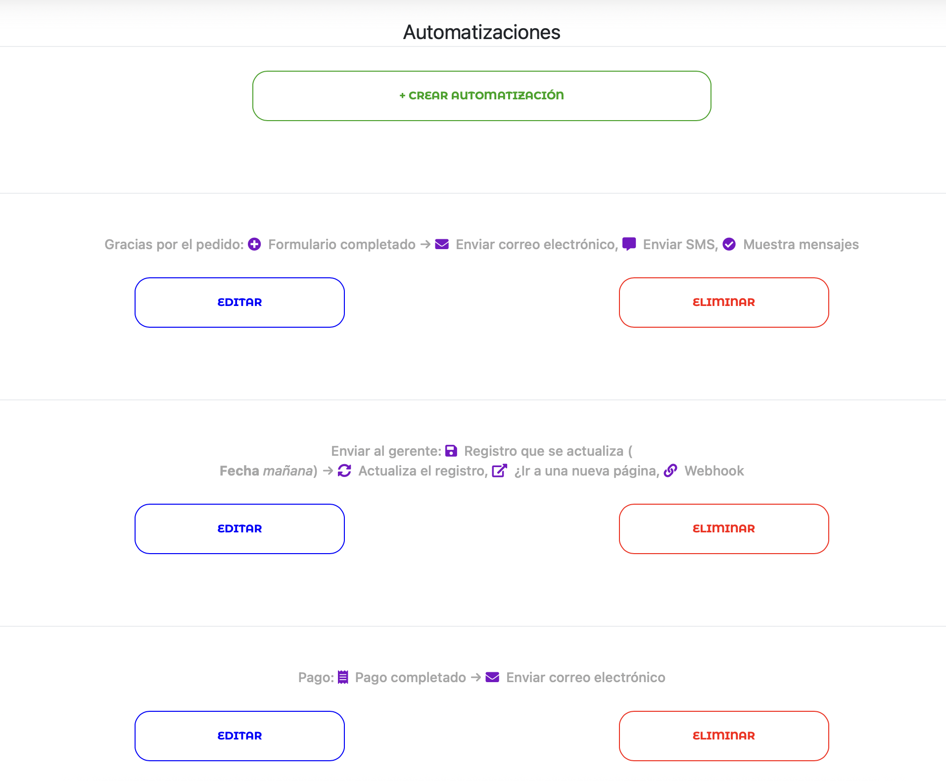 Descripciones informativas de las automatizaciones con nuevos iconos