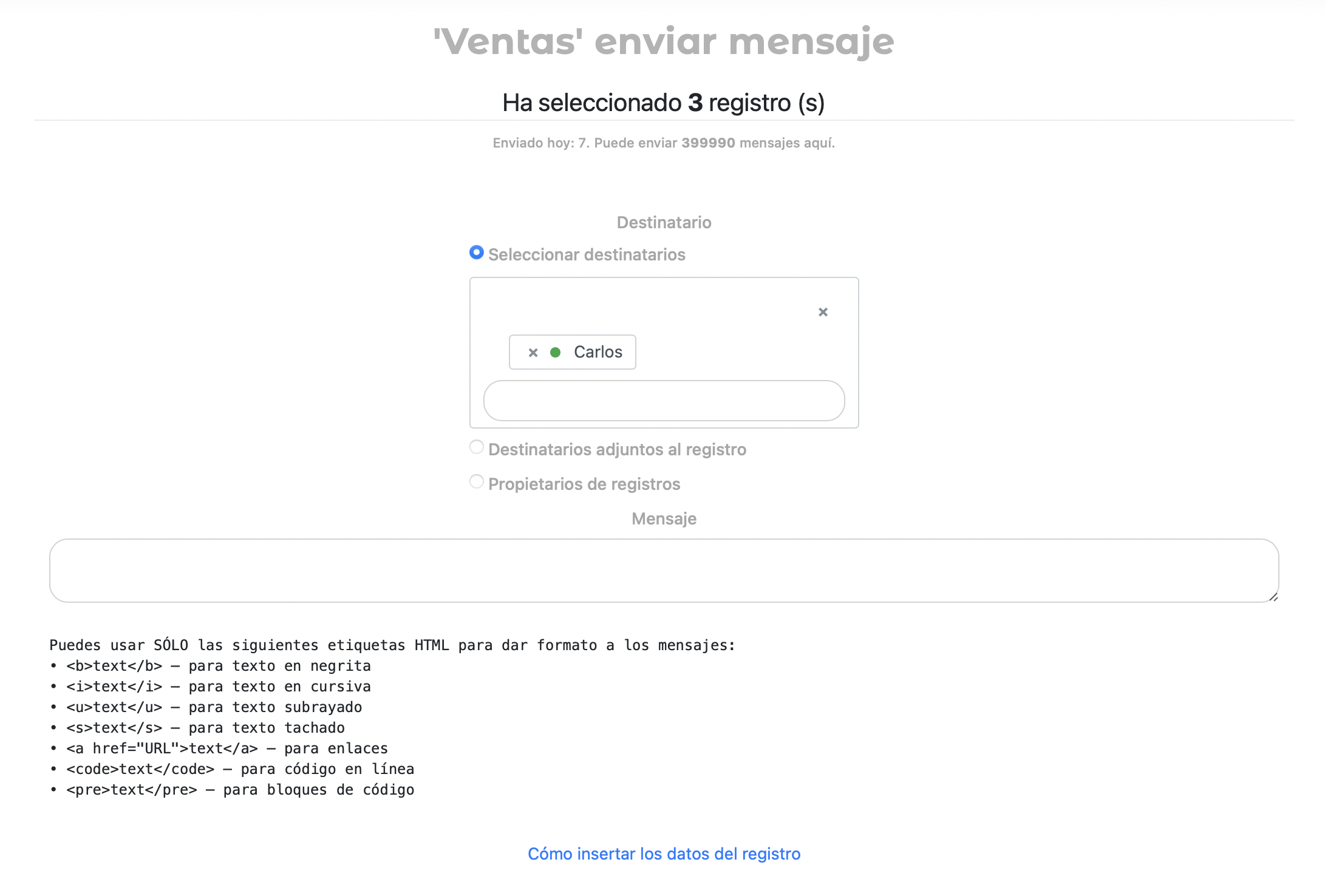 Envío, seleccionando un destinatario e introduciendo un mensaje