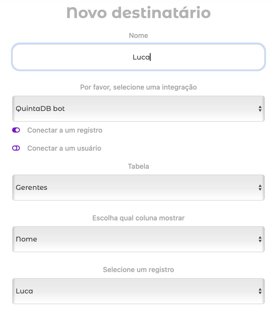 Vinculando um destinatário a um registro