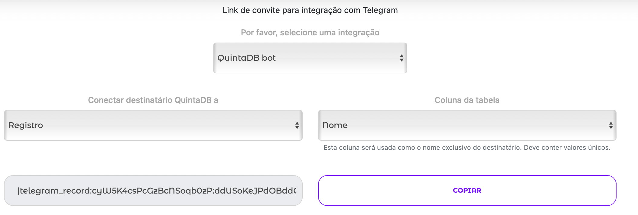 Link de Convite para a Integração com o Telegram