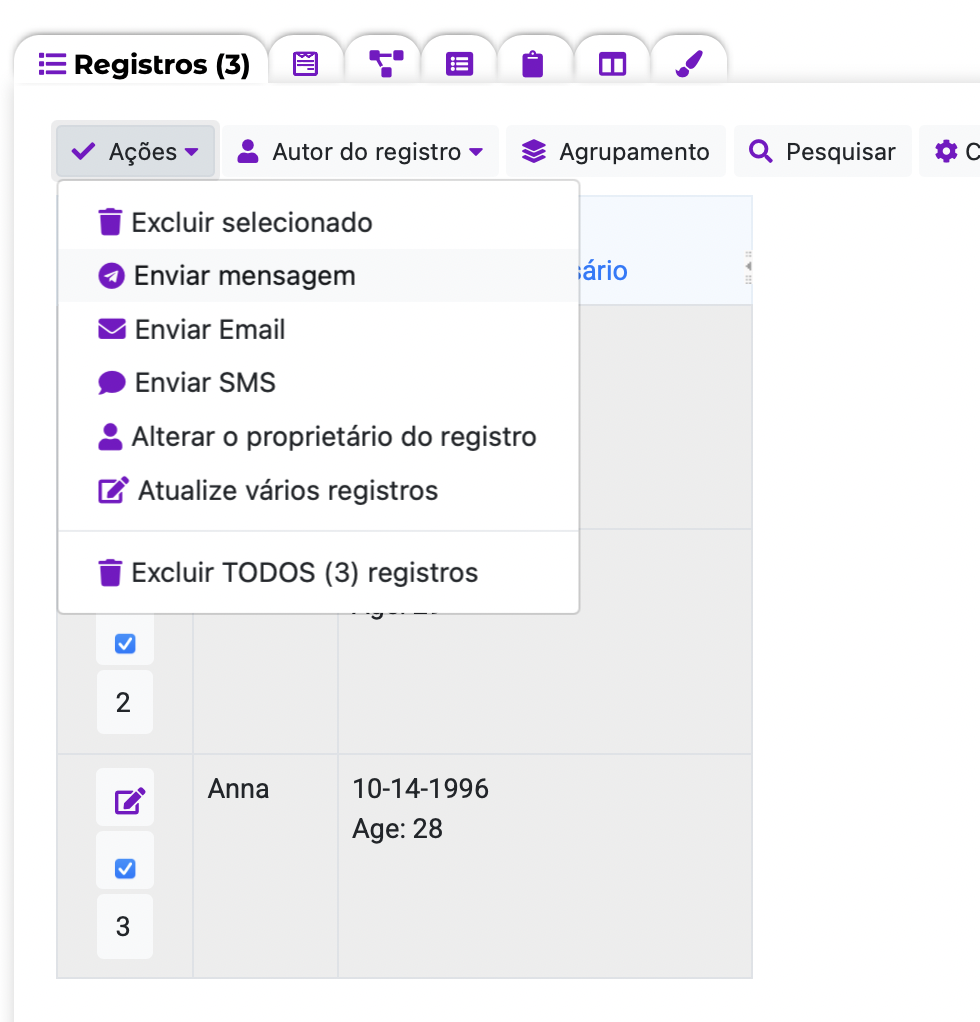Enviar mensagem da página de Dados