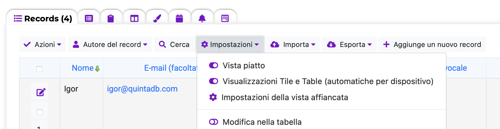 Opzione di visualizzazione Tile e Table (automatica per dispositivo)