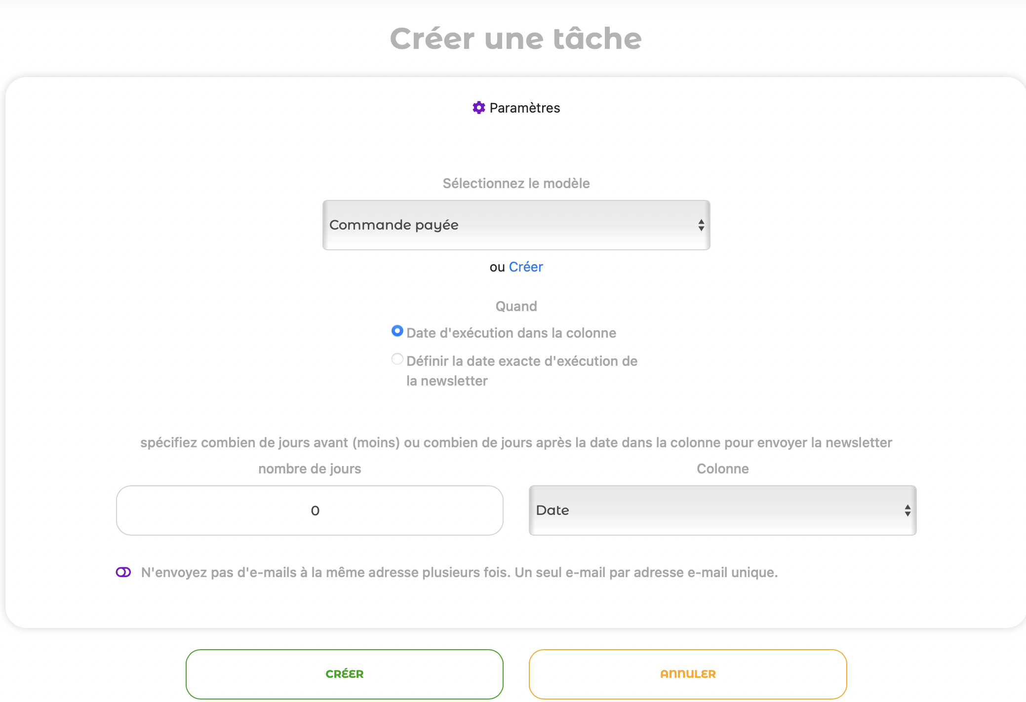 La nouvelle étape de sélection de modèle lors de la planification d'un broadcast