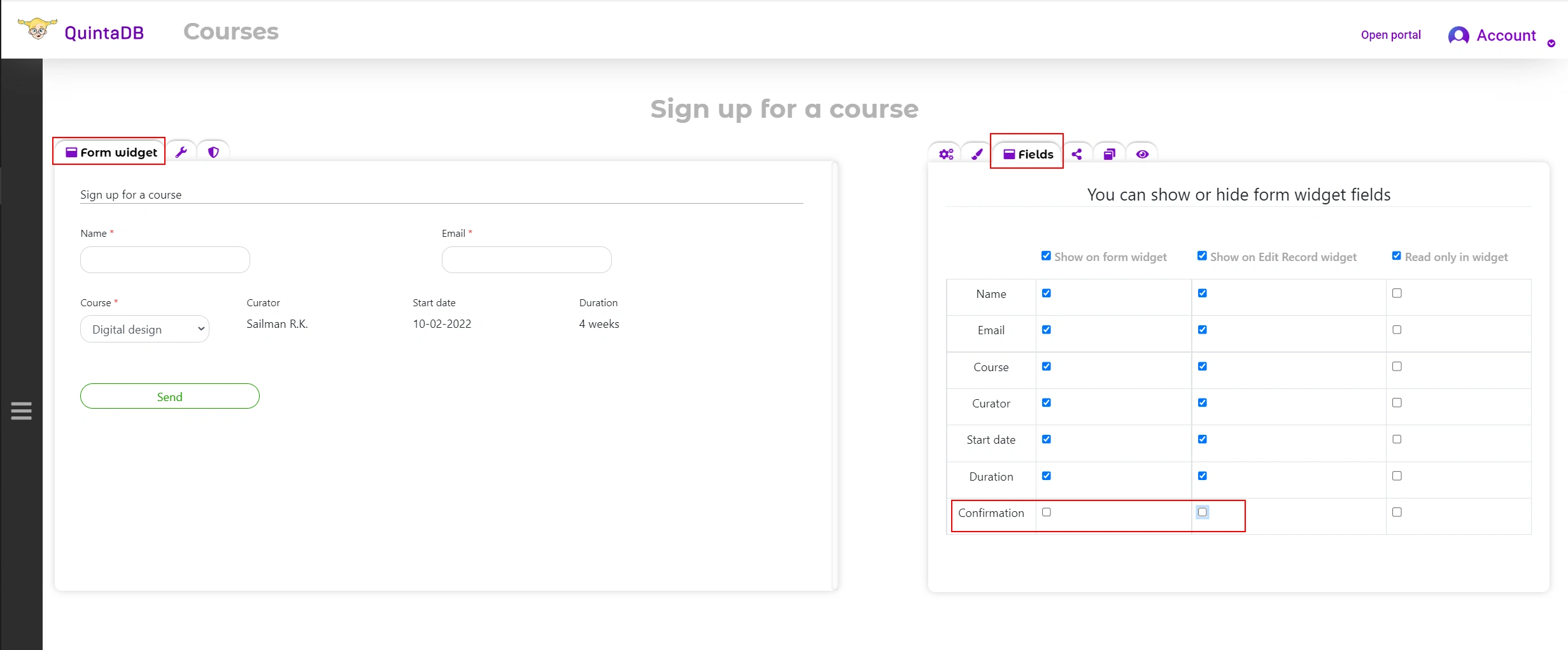 Hide fields on the Form wifget