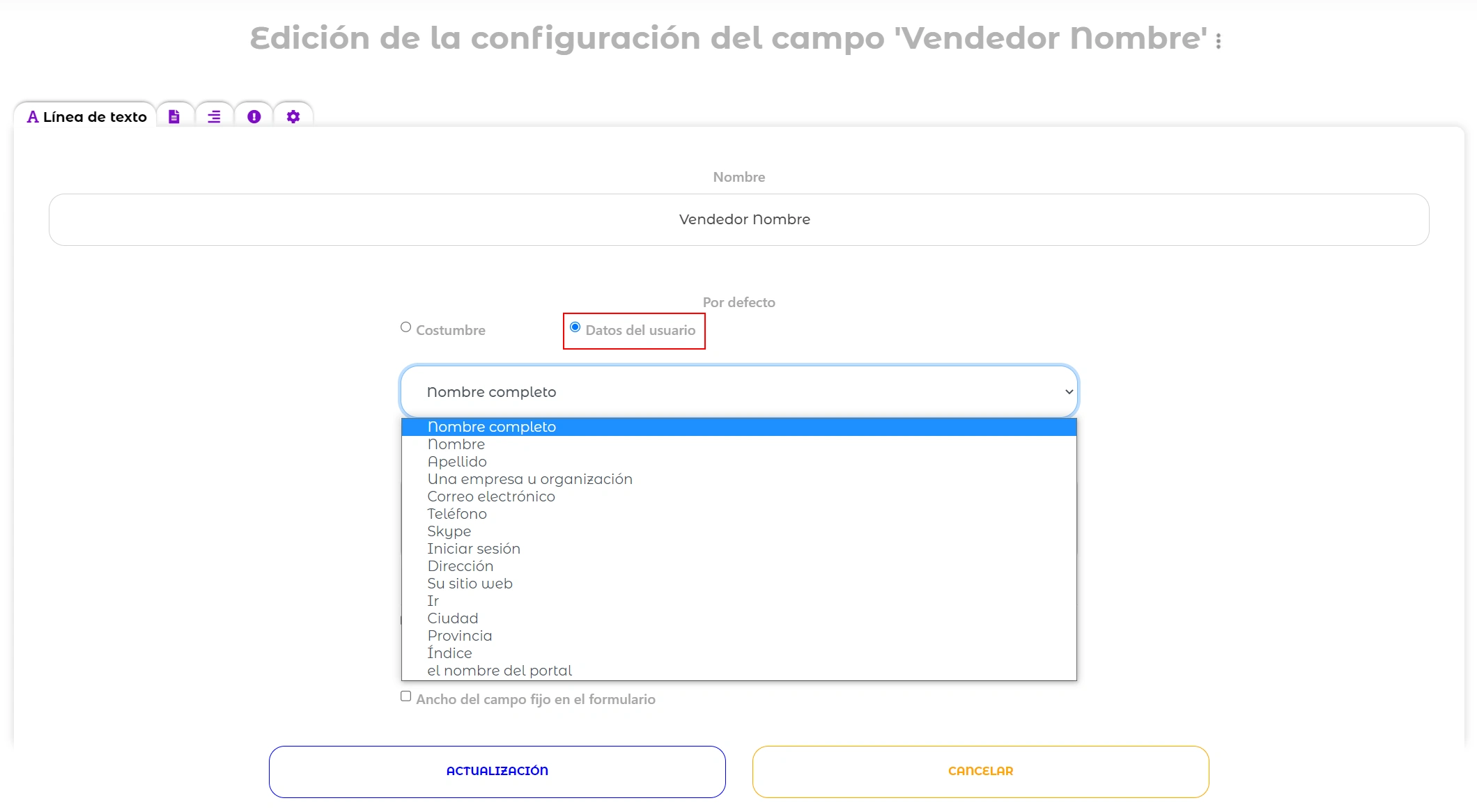 Predeterminado para el campo