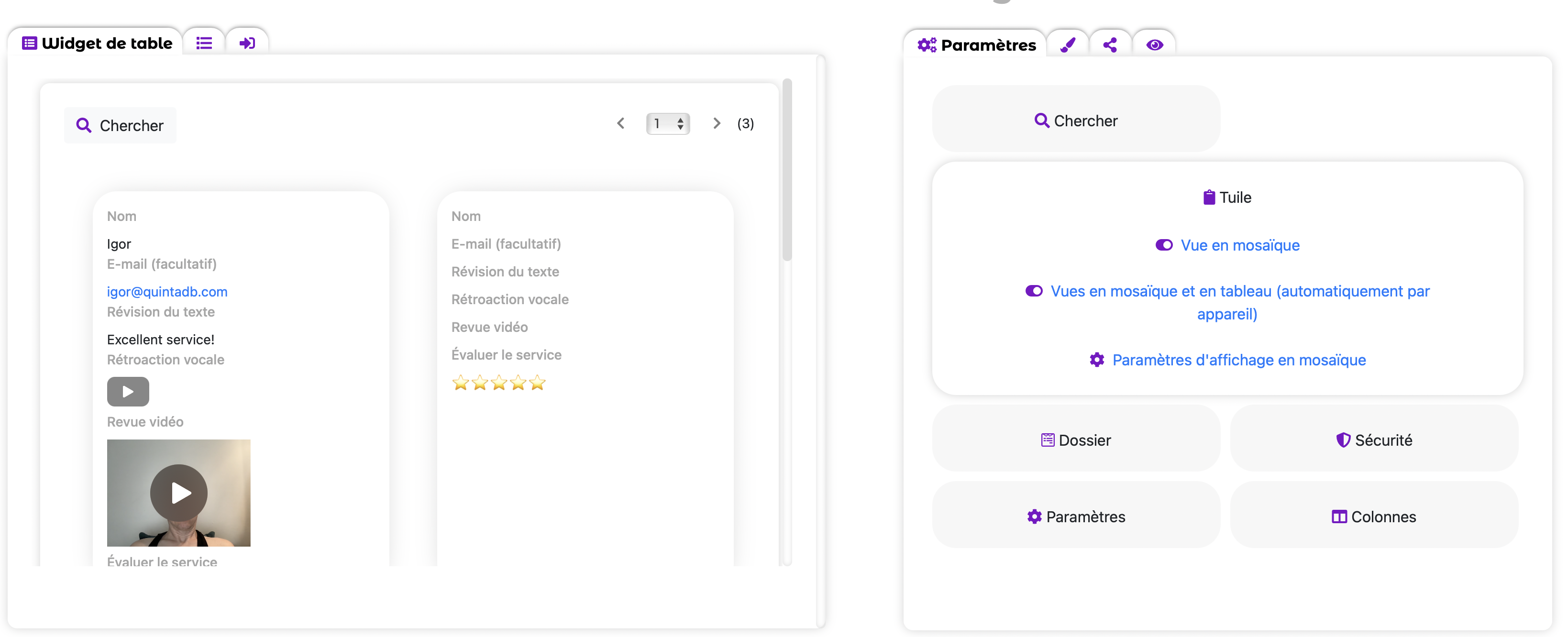 Option d'affichage des mosaïques et des tableaux (automatique par appareil) dans le widget Tableau