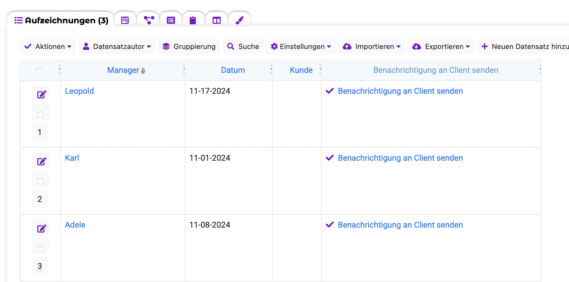 Tabelle mit einem Link zum Senden einer Telegram-Benachrichtigung