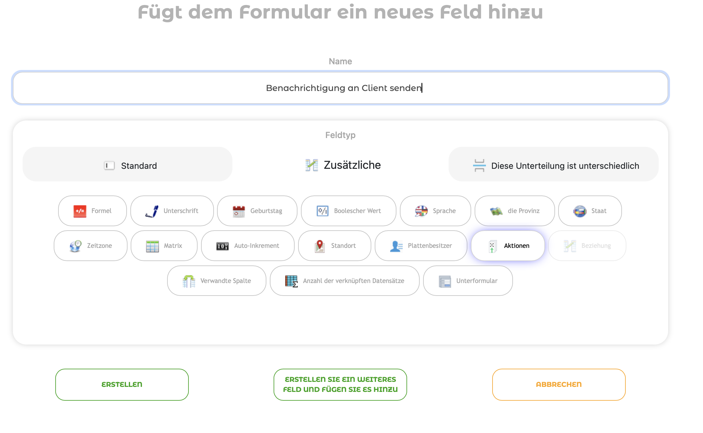 Erstellen eines Aktionsfelds
