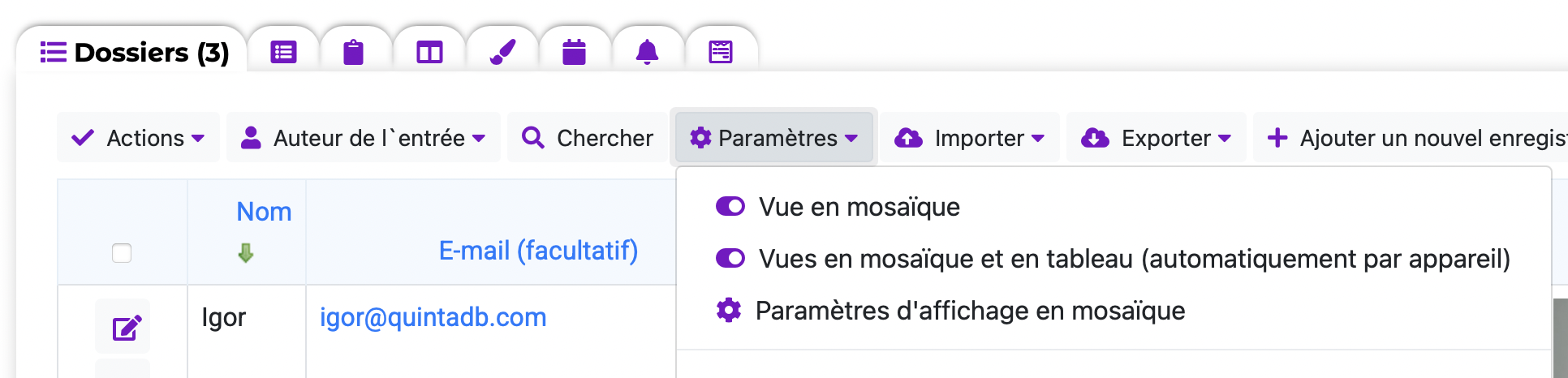 Option d'affichage en mosaïque et en tableau (automatique par appareil)