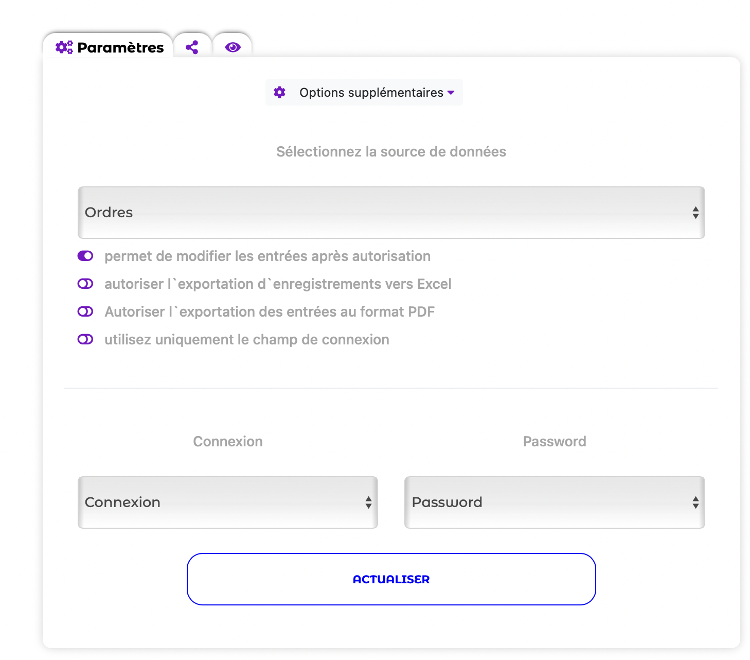 Options du formulaire de connexion