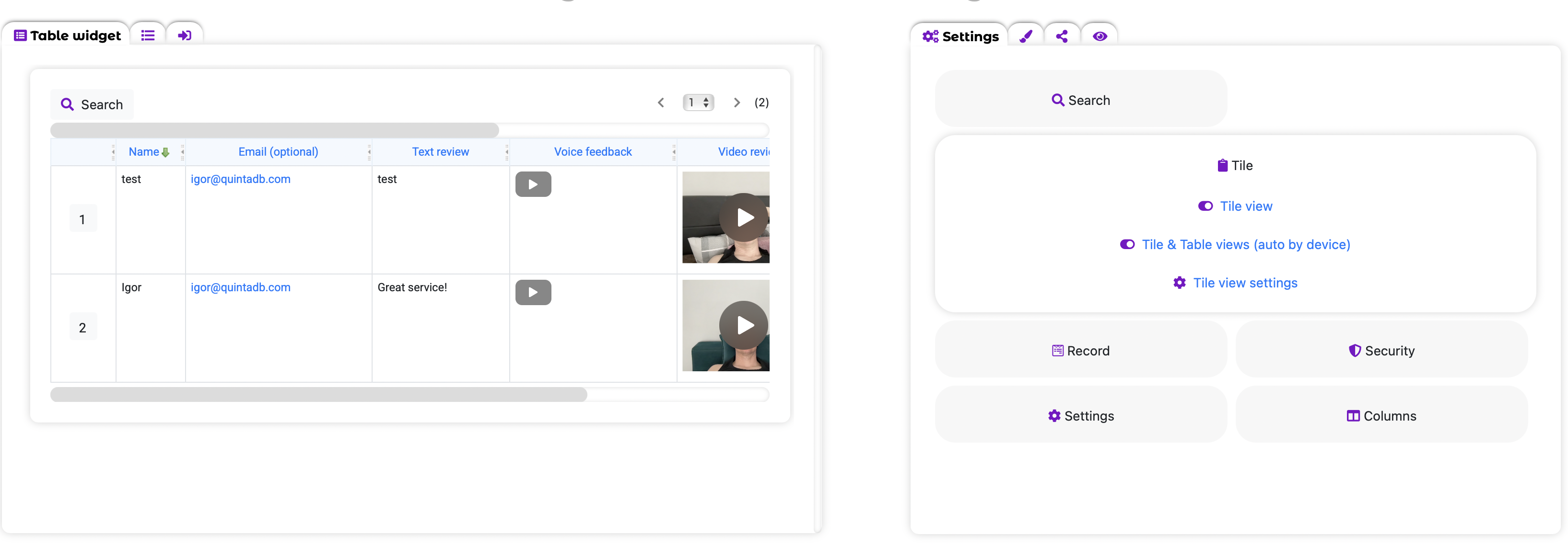 Tile & Table views (auto by device) option in Table Widget
