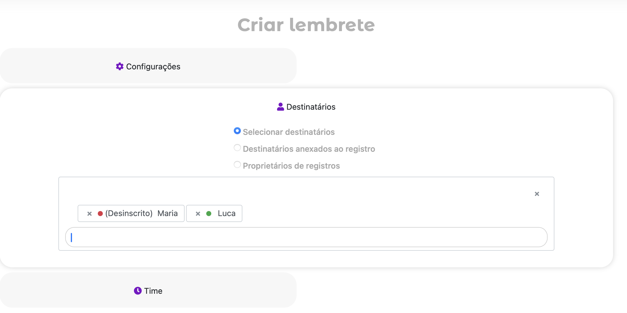 Selecionando destinatários de lembretes