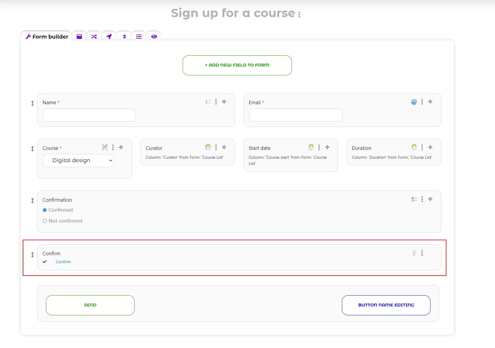 Added "Action" field to the course enrollment form