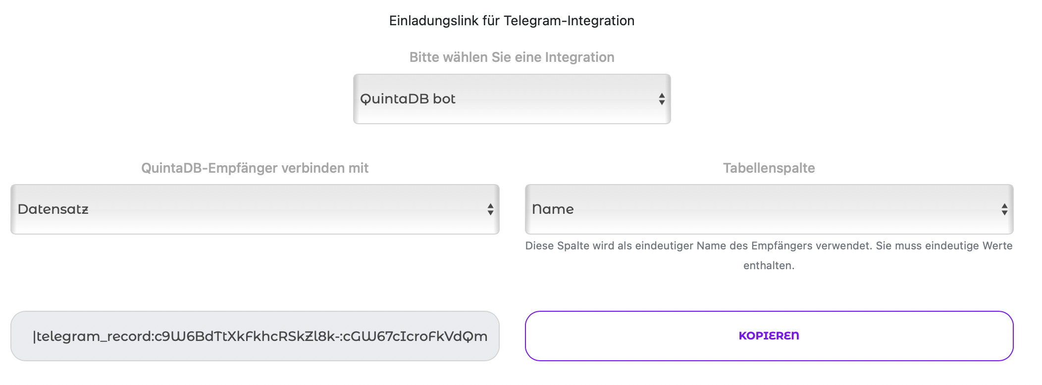 Einladungslink für Telegram-Integration
